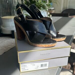 Louise et Cie Black Leather Cork-Platform Crossover Slingback Heels. Lo-Gisele.